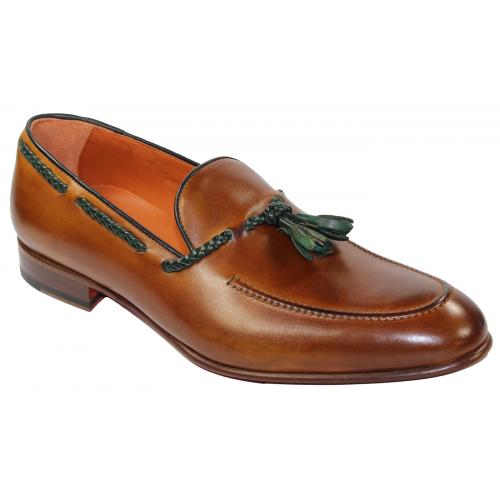 Emilio Franco 409 Brandy / Green Genuine Calf Loafer Shoes With Tassel.